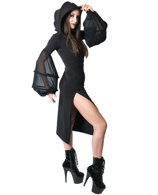 HOODED CAGE DRESS.