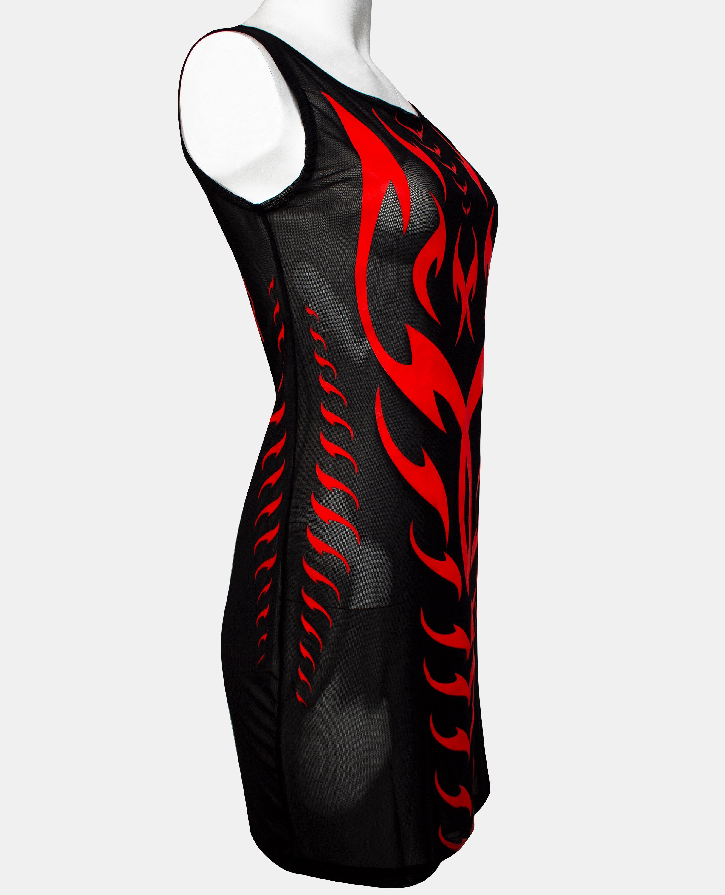 BODYCON MESH DRESS TRIBAL PHOENIX BLACK RED