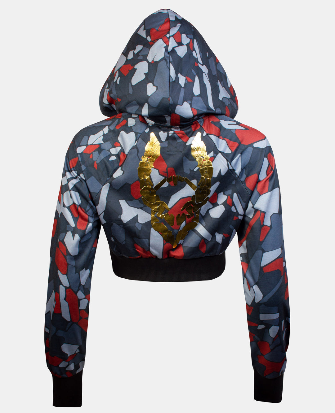 CROP HOODIE DIGITAL CAMO BLACK RED GOLD BACK