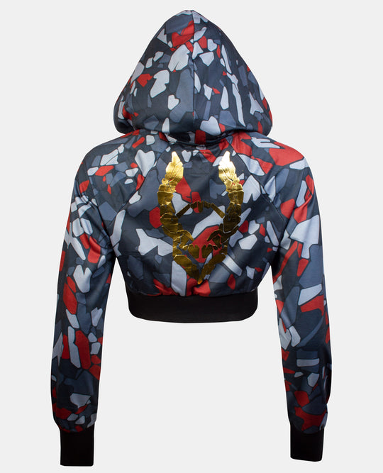 CROP HOODIE DIGITAL CAMO BLACK RED GOLD BACK