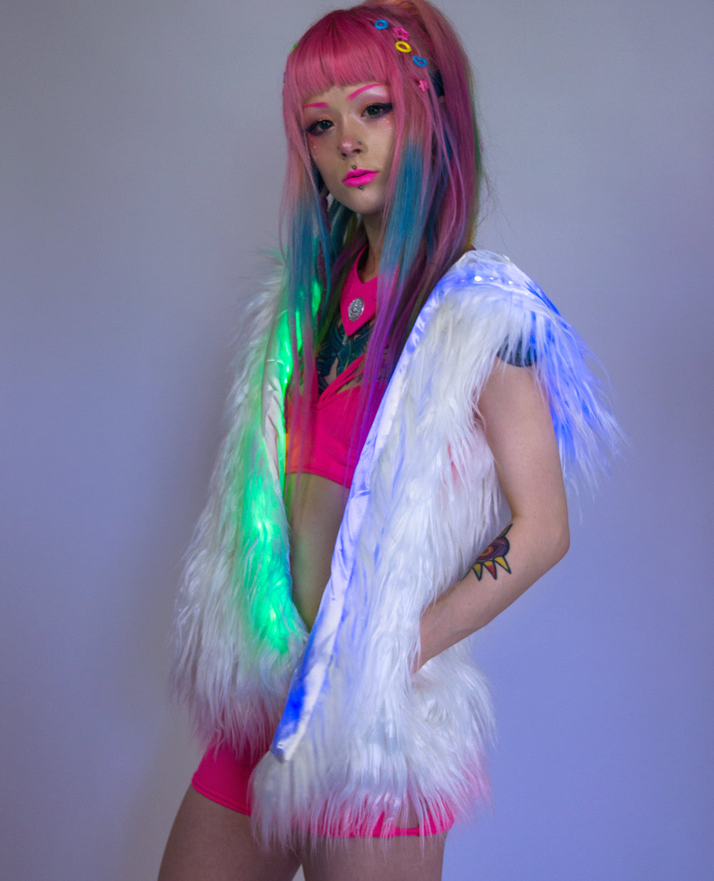 LIGHT UP FUR GILET SHORT Cyberdog London by Cyberdog Rave