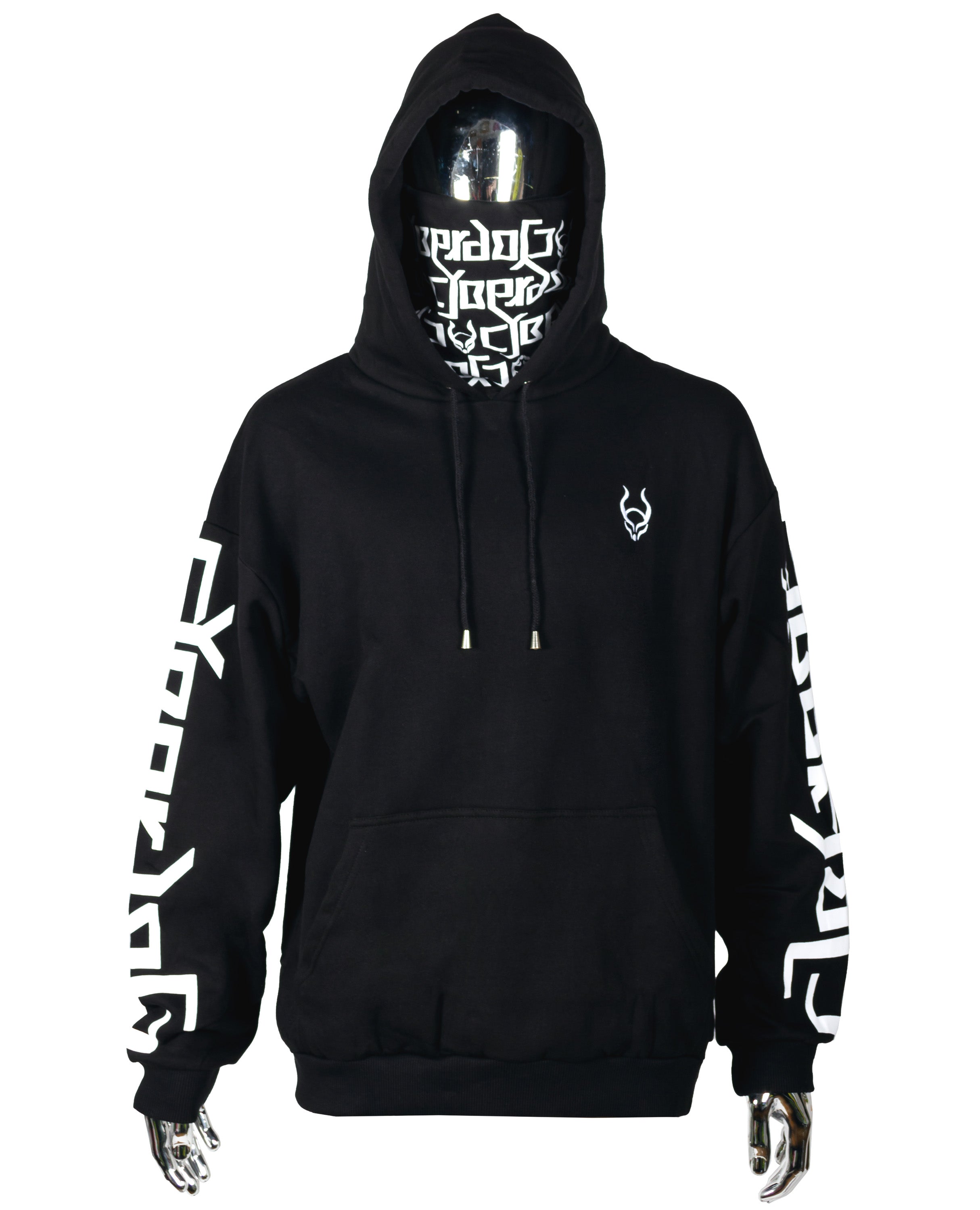 Black hoodie with writing on sleeves sales